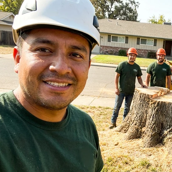 Smiling Greenline Tree Service crew selfie after removing a large oak in La Jolla