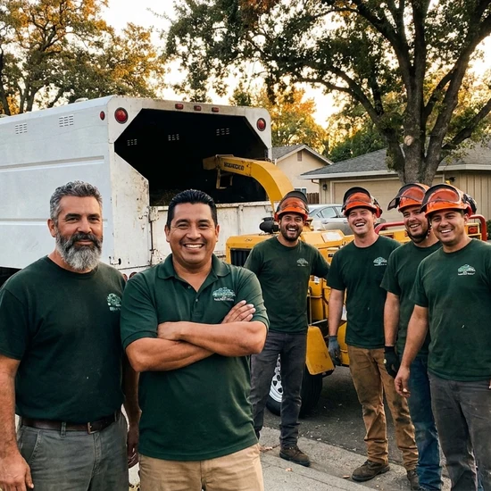 Tree service owner and crew with chip truck on a La Jolla street